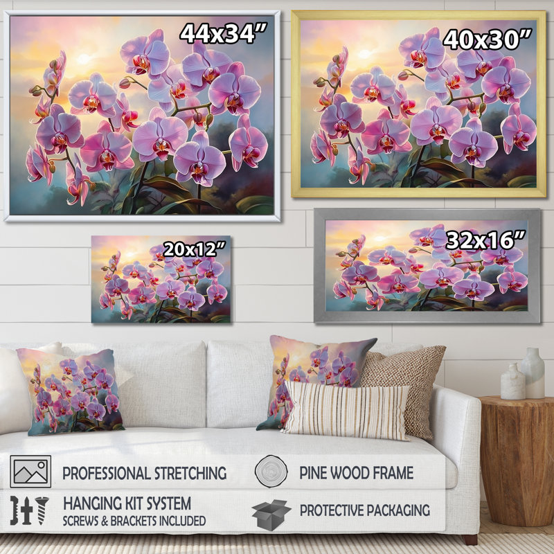 «Pink Orchids Sunset I», reproduction sur toile, H 24 po x l 32 po x P 1 po, Cadre simple noir