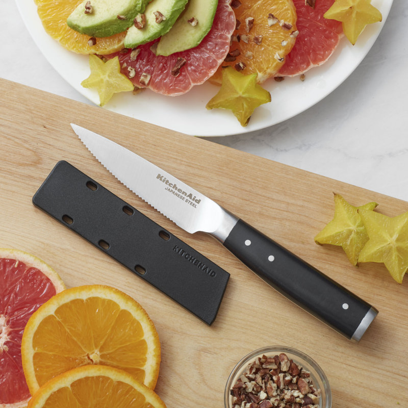 KitchenAid® Gourmet Forged Triple Rivet Serrated Paring Knife with Custom-Fit Blade Cover, 3.5-inch, Black
