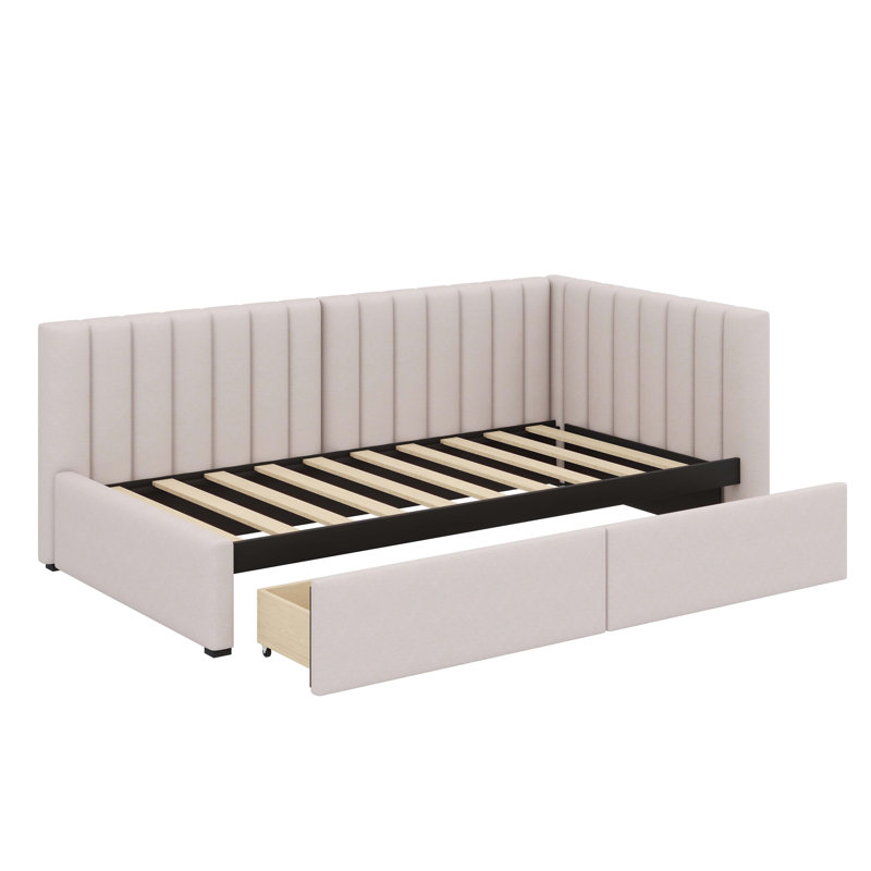 Twin-Size Upholstered Daybed With Two Built-In Drawers, Beige