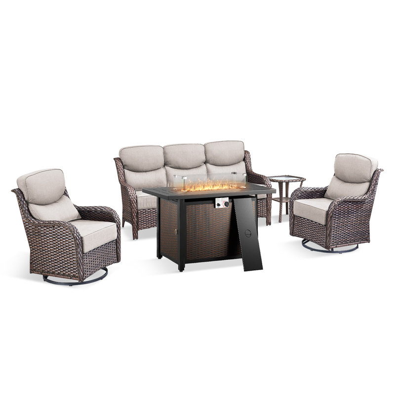 Polygala 5-Piece All-Weather Wicker Patio Rectangle Metal Fire Pit Table Conversation Set With Swivel Gliders, Sofa And Side Table For Outdoor