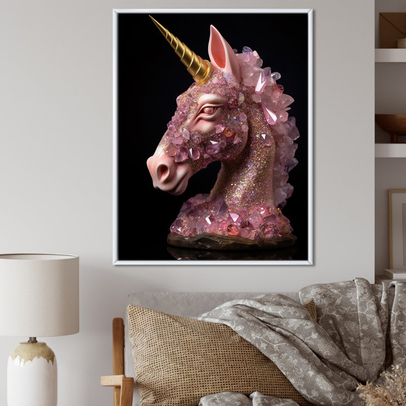 Portrait d'une licorne rose en 3D sur toile, 32" H x 24" W, Gold Picture Framed