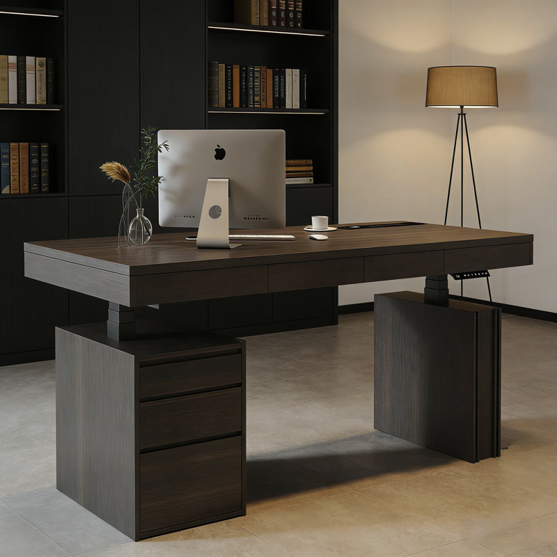 Bureau debout italien de luxe italien minimaliste, noir et brun, hauteur réglable avec rangement pour armoire et prise de courant intégrée, table d'étude pour bureau à domicile