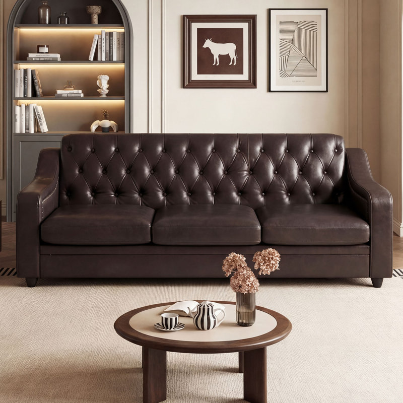 Mid-Century Modern 78.7" Leather Sofa, Tufted Upholstered 3 Seater Couch With High Back & Nailhead Trim, Chesterfield Sofa For Living Room Bedroom Apartment Office