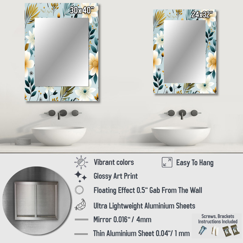 Popovich scandinave jardin fleur tourbillon - grand miroir mural floral, miroir chalet unique, art en métal imprimé