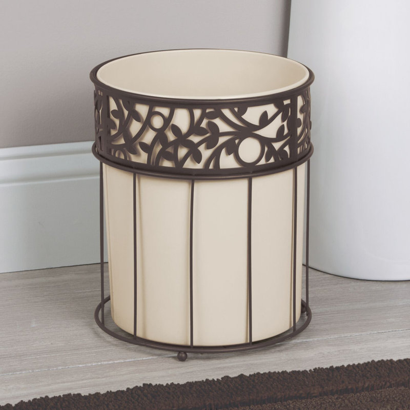 Vanilla and Bronze Metal Wastebasket with Vine Design