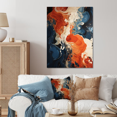 Encre liquide bleue et orange VI - Art mural abstrait en métal