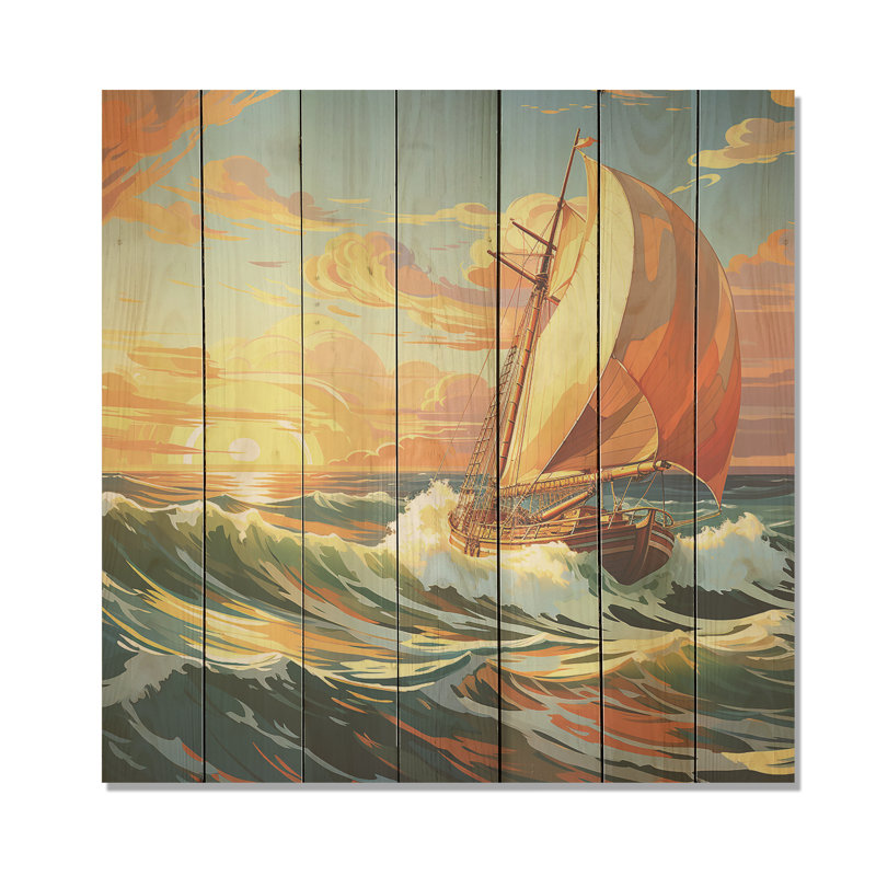 Impression de bateau à voile orange orange Horizon I - Bateau sur bois, H 15 po x l 15 po