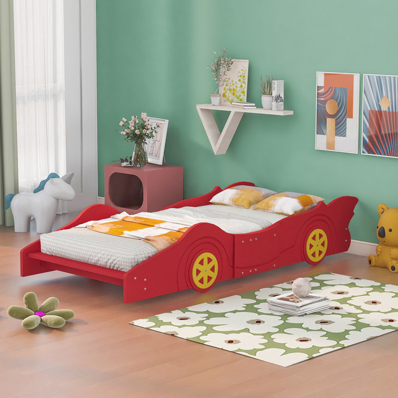 Lit plateforme Aurelia Race Car avec roues, bois de pin et panneau de fibres à densité moyenne, Simple, Rouge