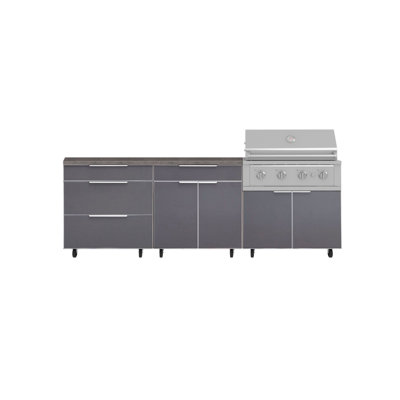 Ensemble de cuisine extérieure en aluminium gris ardoise, 5 pièces, avec roulettes et 3 tiroirs, comprenant un bar, un meuble barbecue, un barbecue haute performance au propane de 91 cm et un comptoir en pierre reconstituée grise de 163 cm.
