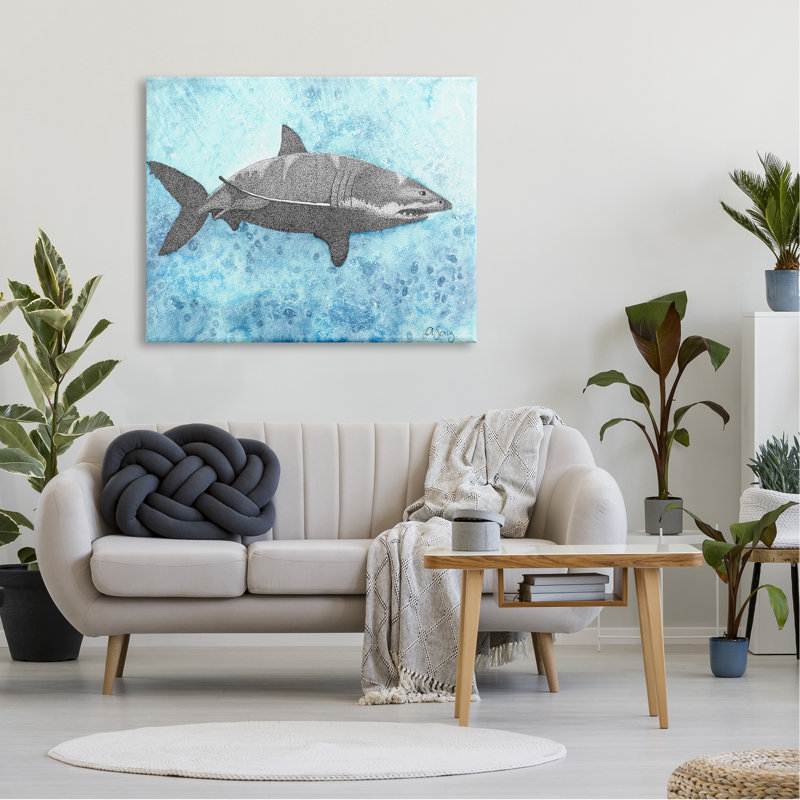 " Great White Shark Aqua Blue Ocean Water Splash " by Ale Saiz Studio, 14" W x 11" H, Midnight Black Framed Giclee