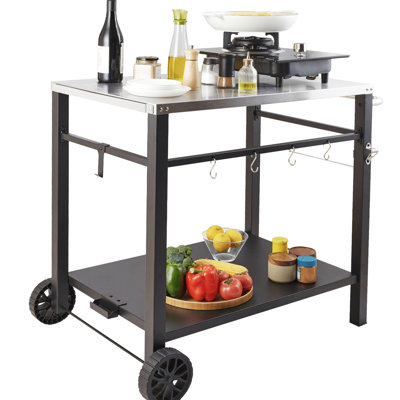 Outdoor Grill Dining Cart With Double Shelf, Multifunctional Stainless Steel Food Prep Table, Movable For Pizza Oven And Indoor Party Cooking - Shelf Cart, Barbecuing