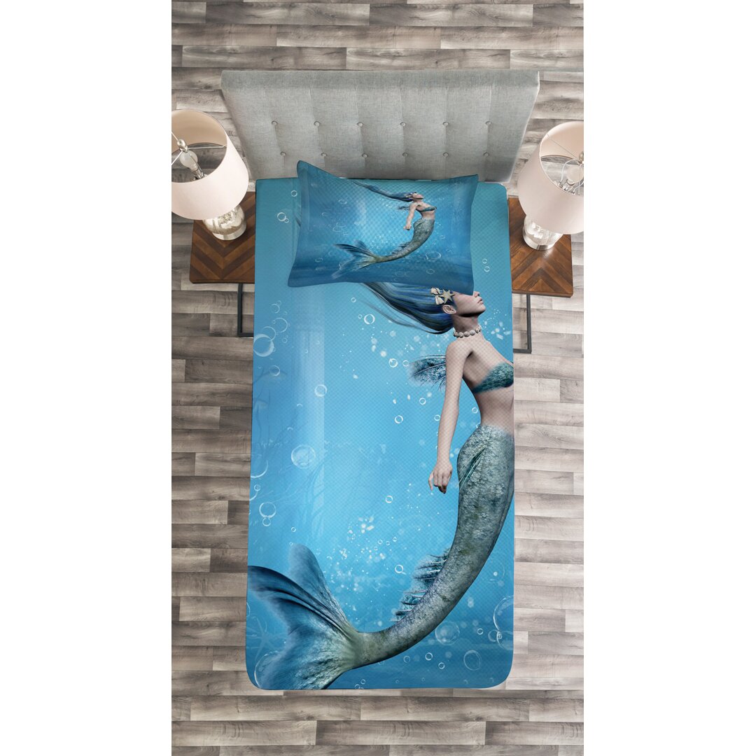 Gestepptes Bettdecken-Set, Mermaid Mythos Kreatur, Ozean, Blau