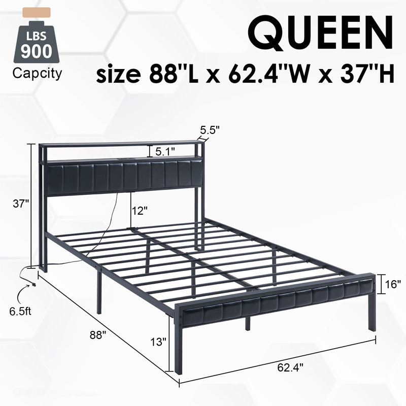 Black Queen Upholstered Bed Frame with LED and Storage