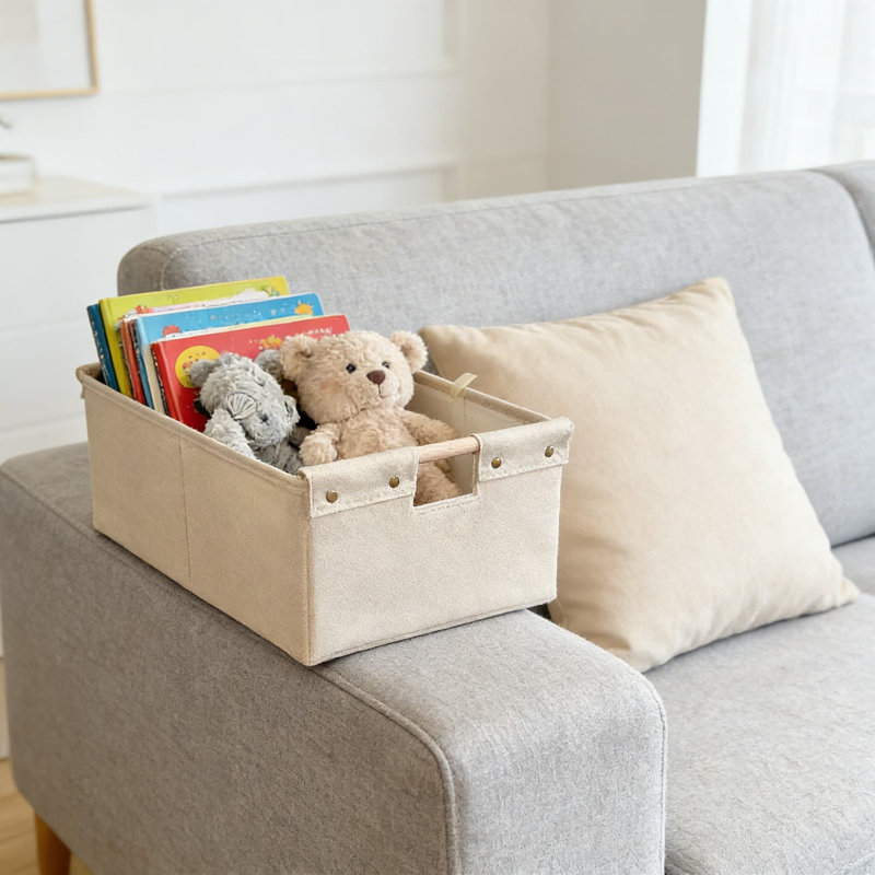 Foldable Fabric Storage Bins With Wooden Handles, Washable Decorative Organizer Boxes For Home, Laundry, And Shelf Storage