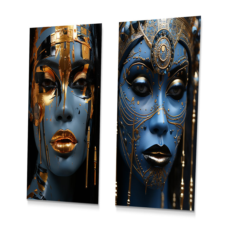 Ensemble de 2 décorations murales en métal doré et bleu, H 28 po x l 24 po