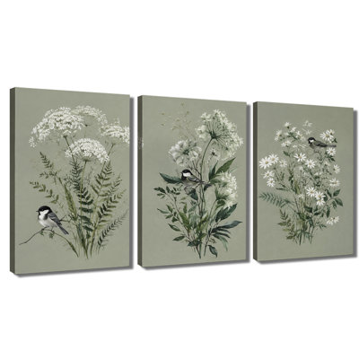 Tableau mural à 3 panneaux, motif botanique de fleurs sauvages et d'oiseaux, impression sur toile tendue pour salon