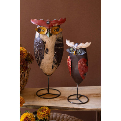  Perched Owl Statues on Stands – Distressed Metal Accent 16" H