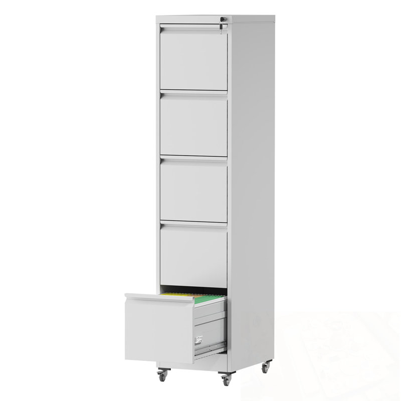 5 Drawers Metal Vertical File Cabinet With Lock On Wheels, White