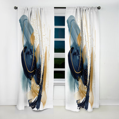 Dark Blue And Gold Strokes XVII - Fractals Curtain - Blackout Abstract Curtain - 1 Panels