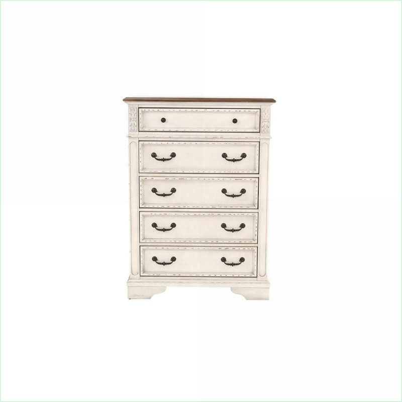 Commode à 5 tiroirs avec commode blanche antique Plateau en noyer | Blanc antique | Panneau de particules + panneau de fibres à densité moyenne, contreplaqué