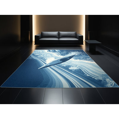 Tapis bleu moelleux doux et moelleux à motif de kayak en eau vive et éclectique Erasmos Kayak - reliure bleu ciel
