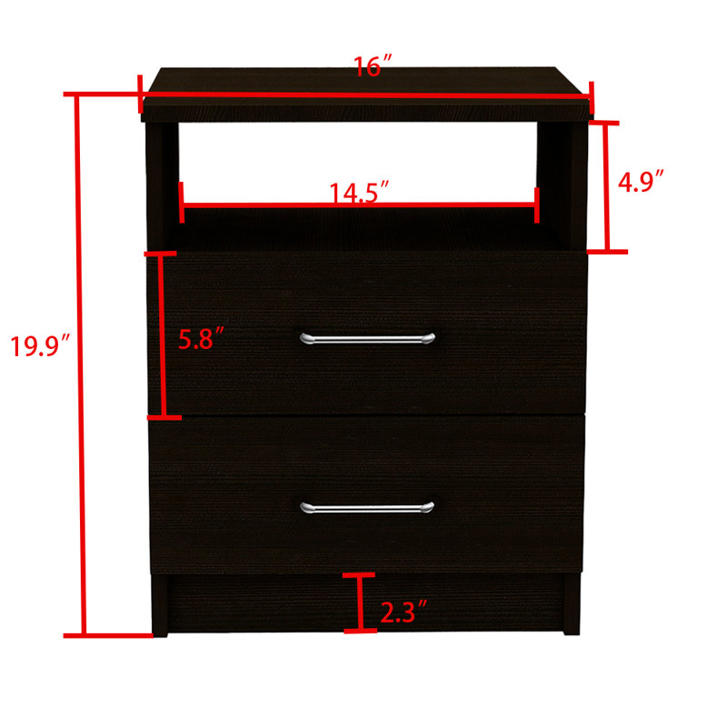 modern style Nightstand 20"H with Two Drawers, One Shelf, Superior Top, Black