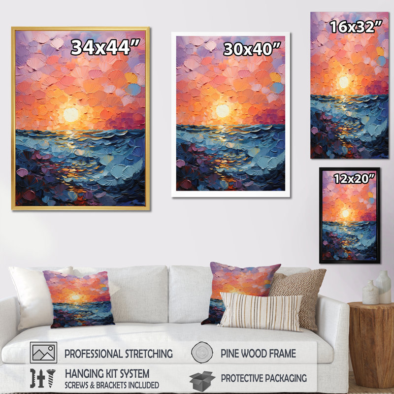 «Coastal Harmony Dreamscape Sunset», reproduction sur toile, Cadre simple noir, H 32 po x l 16 po x P 1 po
