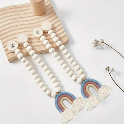 1 Piece Rainbow Tassels Magnetic Curtain Tiebacks with Beige Wooden Bead