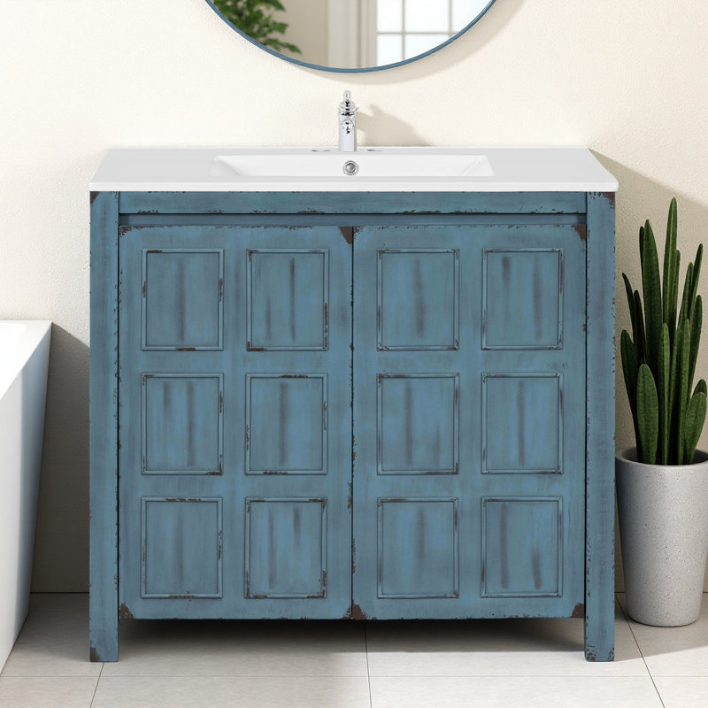 Meuble-lavabo 36 po avec lavabo et tablette réglable, Bleu rétro