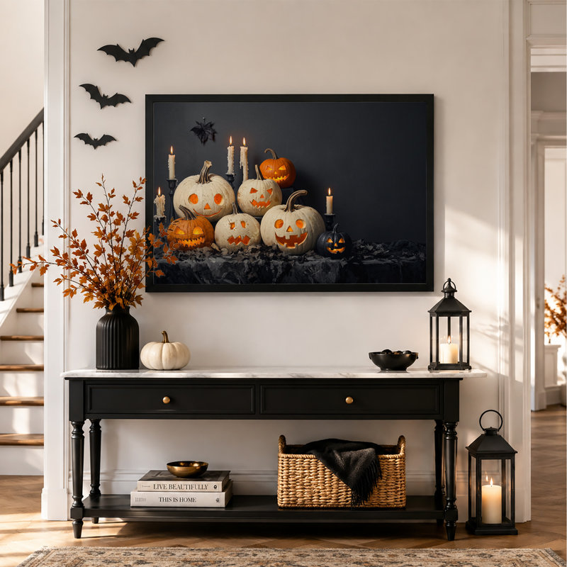 Art mural sur toile sculpté citrouilles blanches et oranges avec bougies allumées, 16"H x 24"W