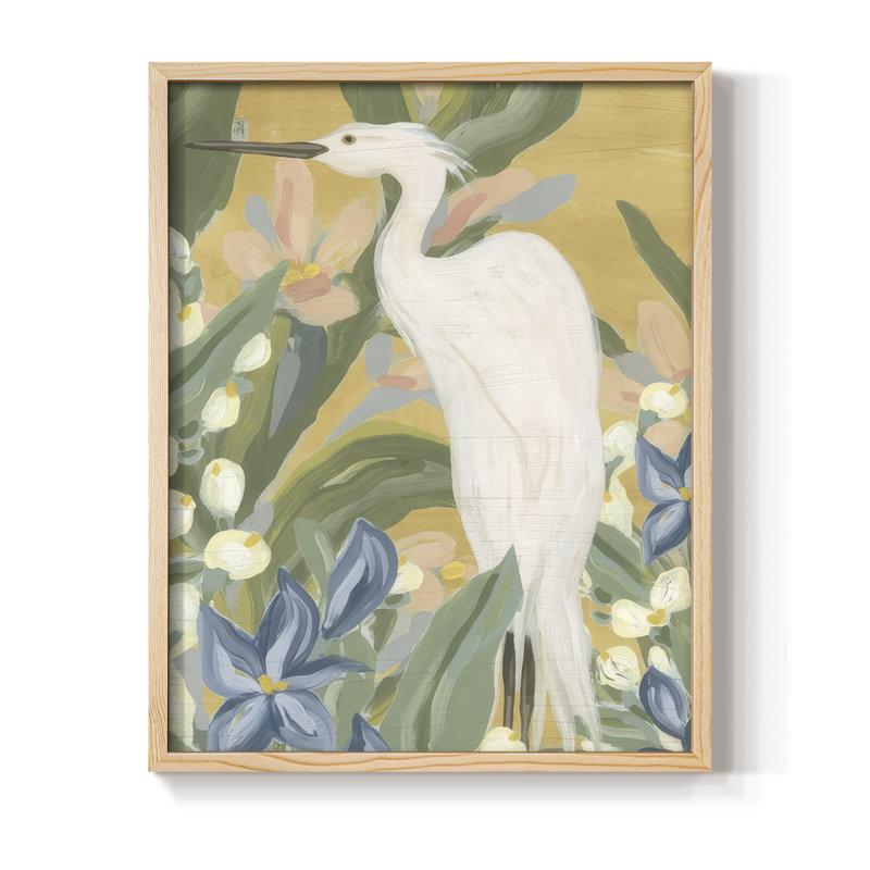 Floral Aigrette I, reproduction encadrée - bois massif, Naturel, H 15 po x l 12 po
