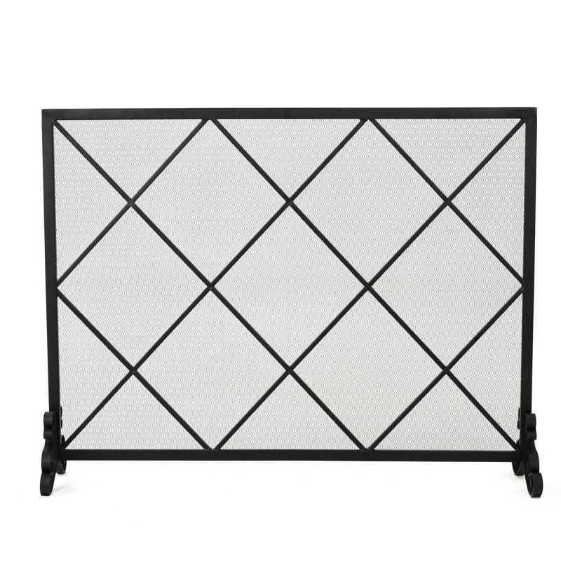 Pare-étincelles en fer, panneau simple avec losange minimaliste contemporain, 41,5 po x 8,9 po 32,1 po, panneau de fer au fini noir, design et style de diamant,
