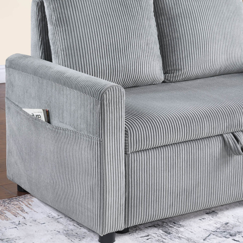 70"W Corduroy Sofa With Pull-Out Chaise & Underseat Storage,Gray