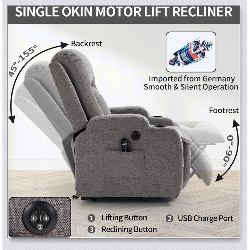 Infinite Position Okin Motor Up to 350 LBS Power Lift Recliner Chair for Elderly, Brown Polyester