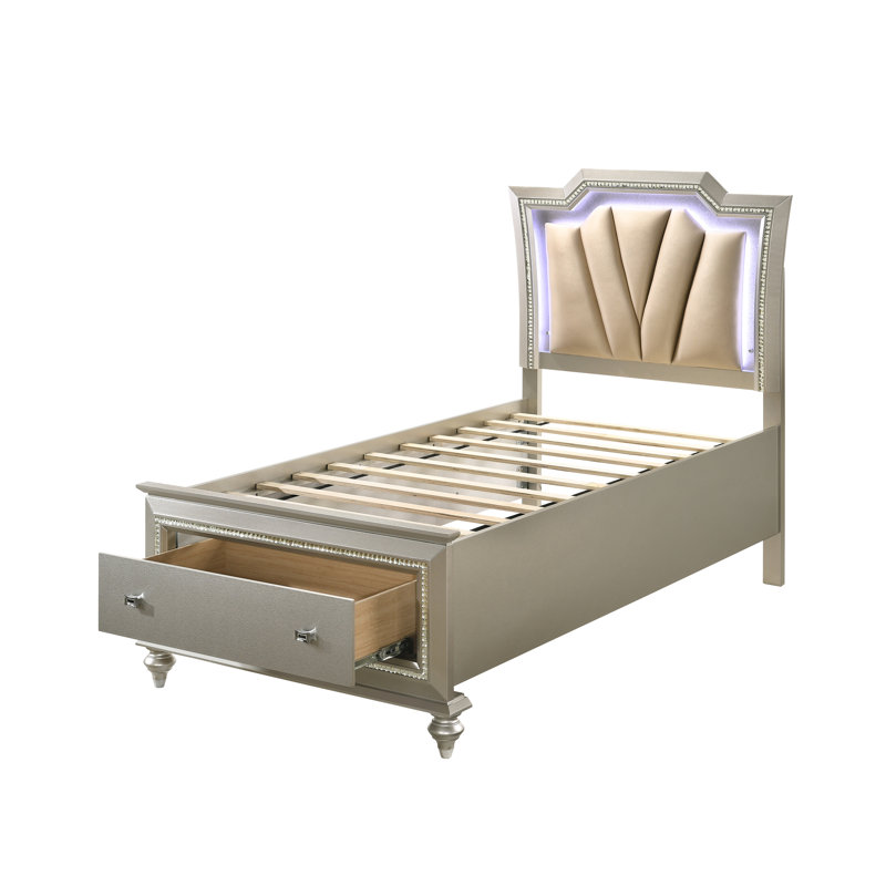 Lit double moderne - Led, rangement, cuir synthétique champagne contemporain avec DEL et rangement