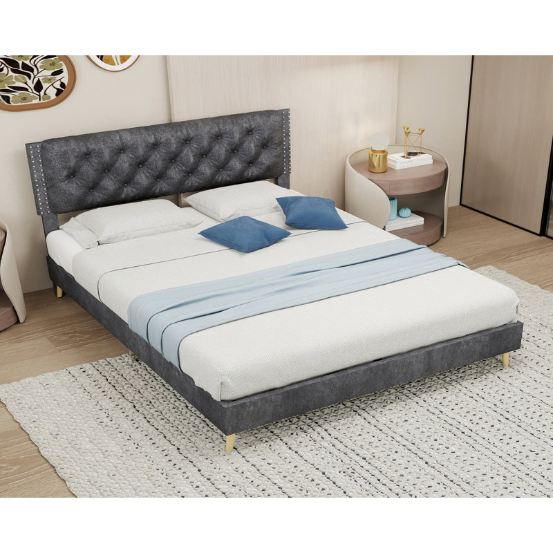 Lit en suède doux - Décorez la chambre principale avec un lit gris paisible et robuste pour un sommeil confortable, Full