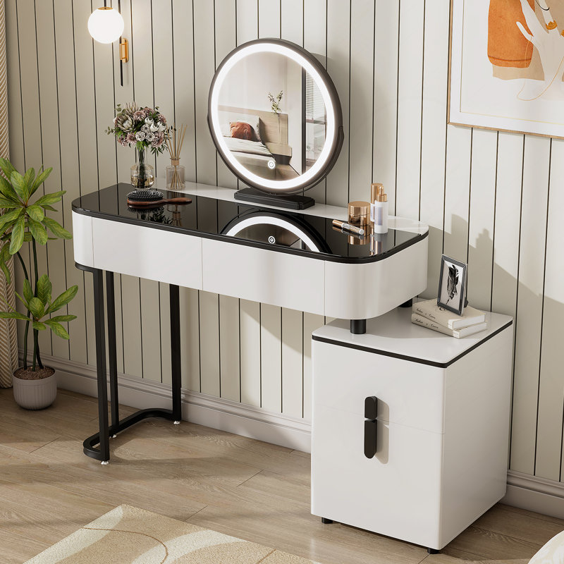 Coiffeuse moderne avec plateau en verre trempé, pieds à hauteur réglable et miroir rond