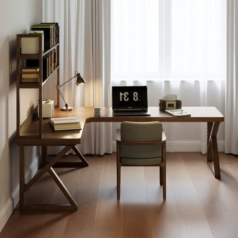 Modern L-Shaped Solid Wood Desk with Bookshelf, 74.8" H x 78.74" W x 55.11" D