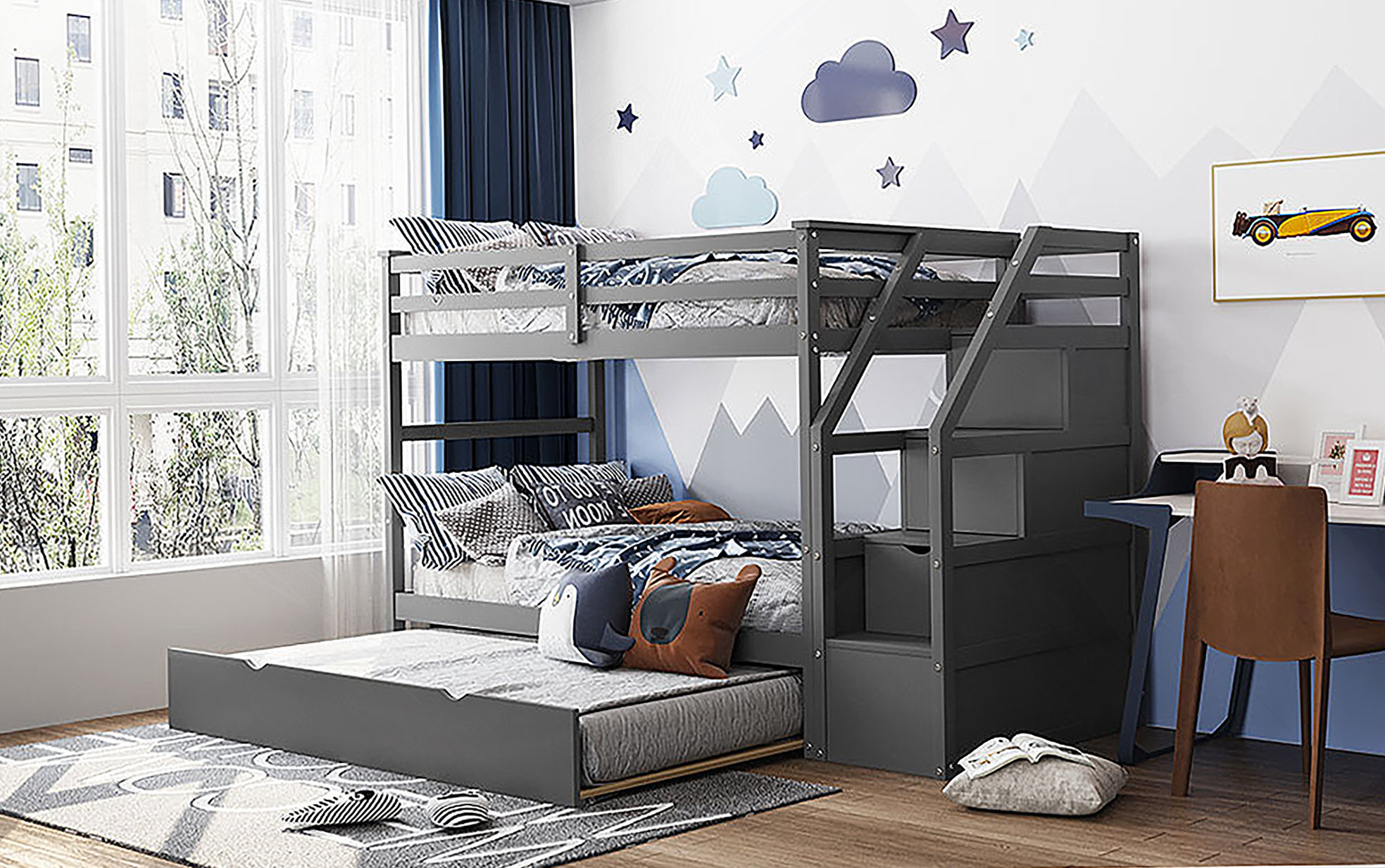 Harriet Bee -Over- Bunk Bed With Trundle And Storage Stairs,Walnut OLD ...