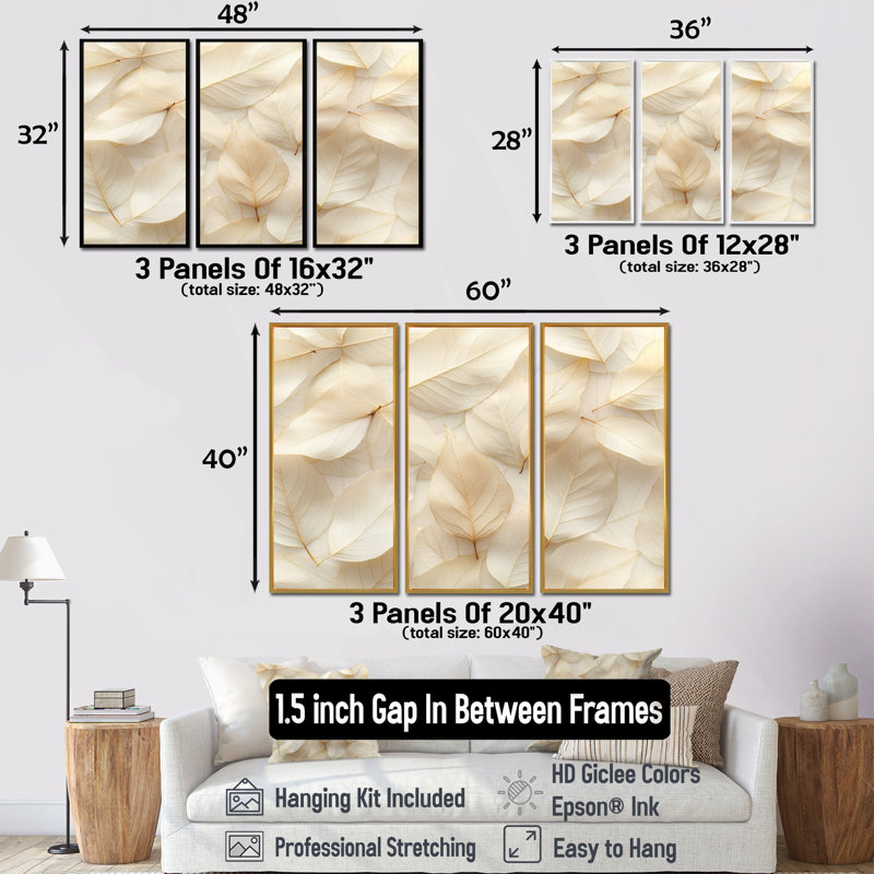 Feuilles ivoire collage de feuilles II - art mural feuilles - ensemble de 3, H 28 po x l 36 po, Blanc