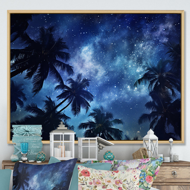 «Sapphire Magical Palm Tree Night I», reproduction sur toile, H 30 po x l 40 po x P 1,5 po, Cadre naturel flottant