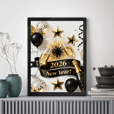 Encadré noir, nouvel an 2026, impression encadrée festive dorée