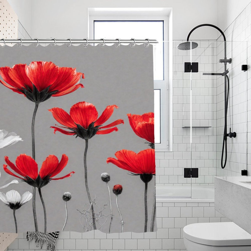 Rideaux de douche éclatants en coquelicots rouges et blancs, 71 x 71