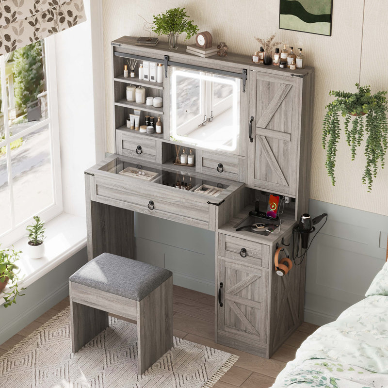 Farmhouse Vanity Desk With Sliding Mirror And Lights, Vanity Set With Glass Top And Charging Station ,Dressing Table With 4 Drawers And 2 Cabinets, Dressing Table With Stool For Bedroom