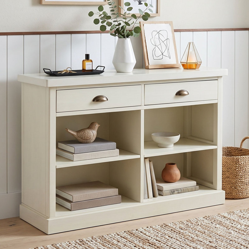 Console en bois avec 2 tiroirs et casiers ouverts, Blanc