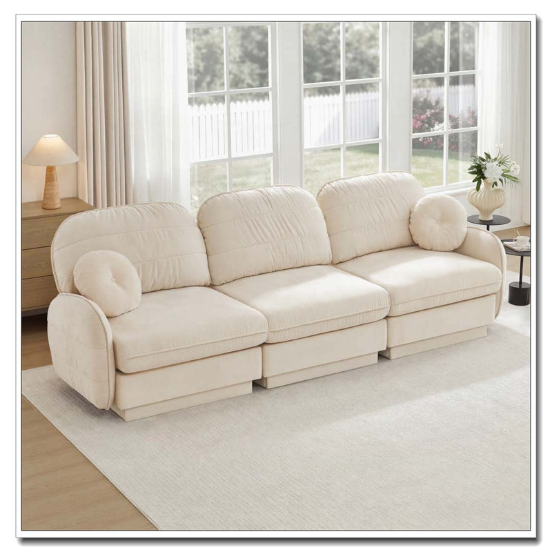 Canapé en chenille Cloud, siège profond avec repose-pieds mobile, Crème beige + 3 sièges