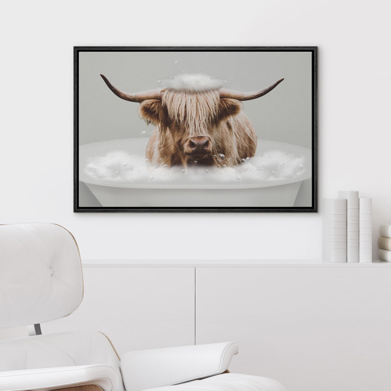 Cow " Funny Bathroom Decor Shetland Cow ", Framed Print, 24" H x 36" W, Black