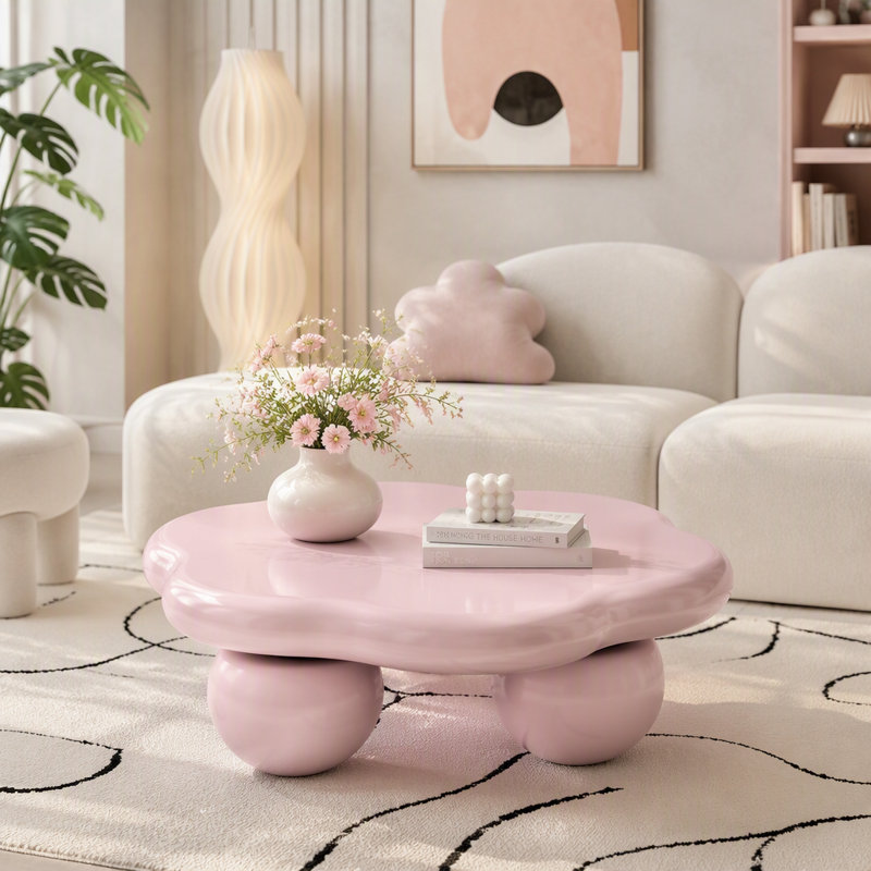 Table basse 35 "en forme de nuage, table basse minimaliste moderne en forme de pétale avec pieds sphériques, Pink