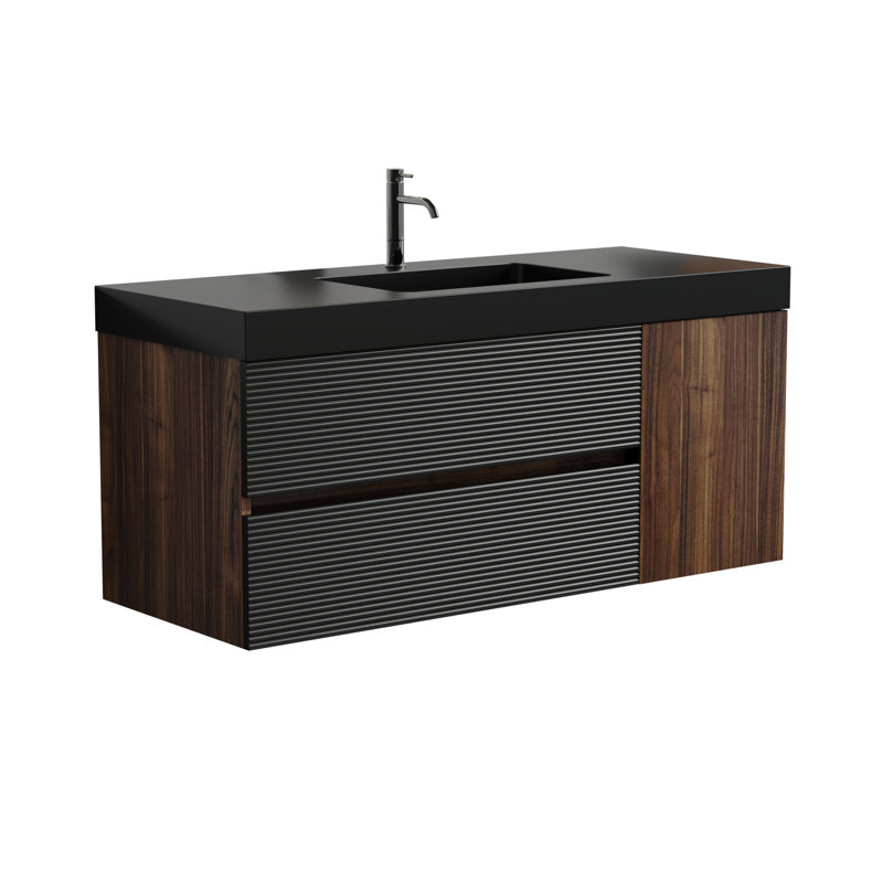 Meuble-lavabo 48 po en noyer avec lavabo à surface solide et tiroirs noirs doux, Noir; brun / noir mat