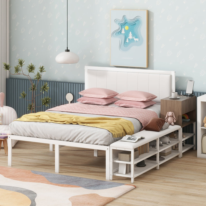 Lit plateforme en métal avec tablettes de rangement, Blanc, Double